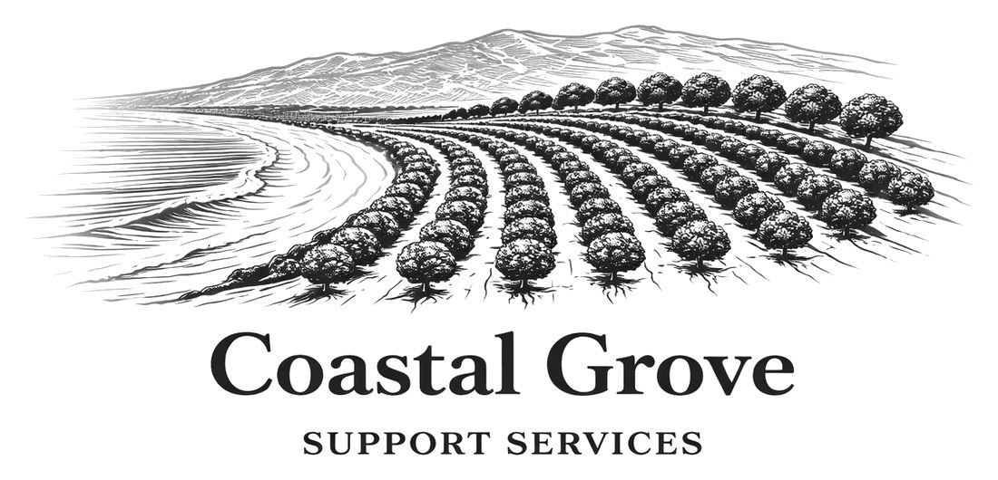 Coastal Grove Support Services logo: an engraving of an orange grove running down to the coast